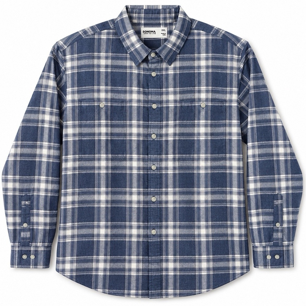 NWT Sonoma Supersoft Flannel Shirt Mens XXL Blue Cream Plaid Cabin Outdoor Cozy